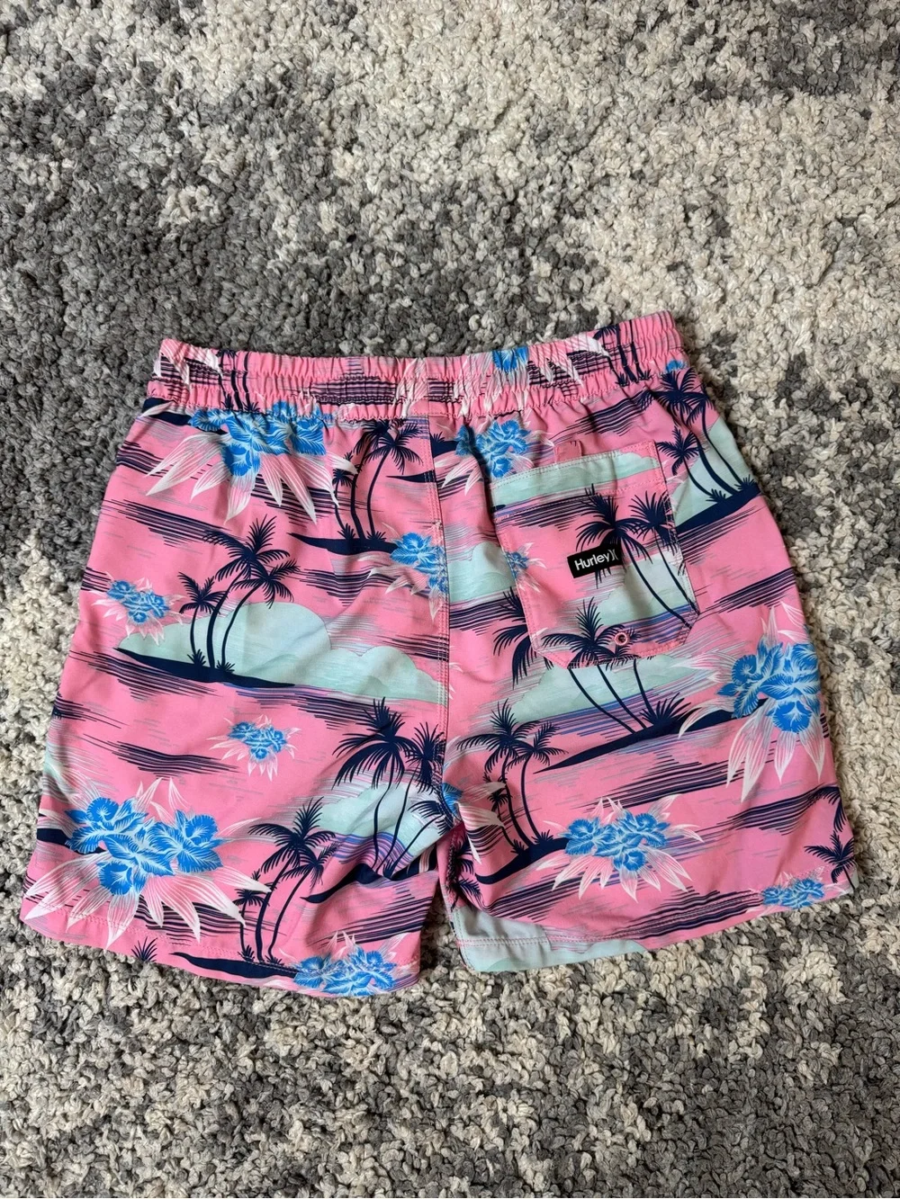 Hurley, Men’s Pink and Blue Tropical Floral Palm Tree Print Swim Shorts, Medium